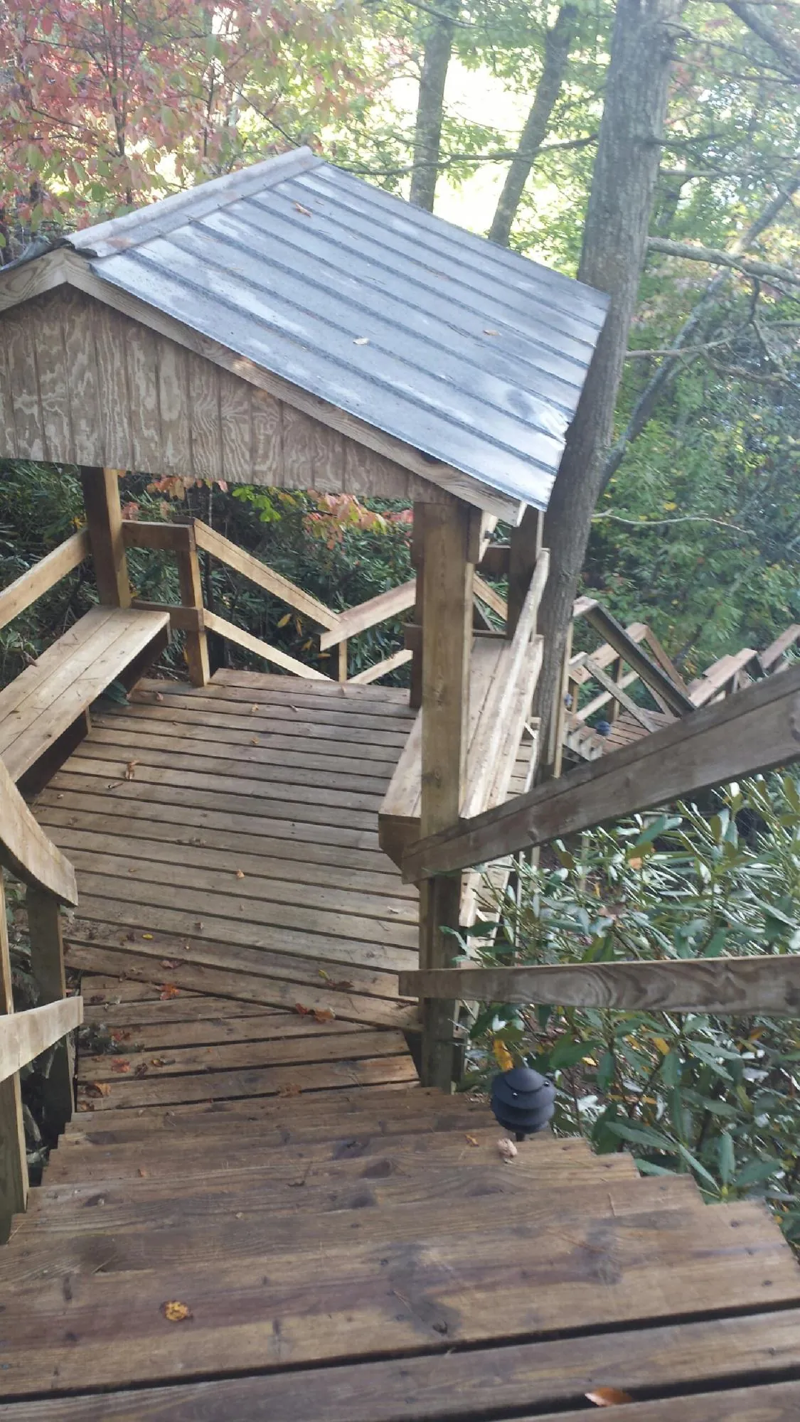 Metal roofed shelter over wooden steps on a wooded walkway — Skylight Repair & Installation work by our crew in Heiskell